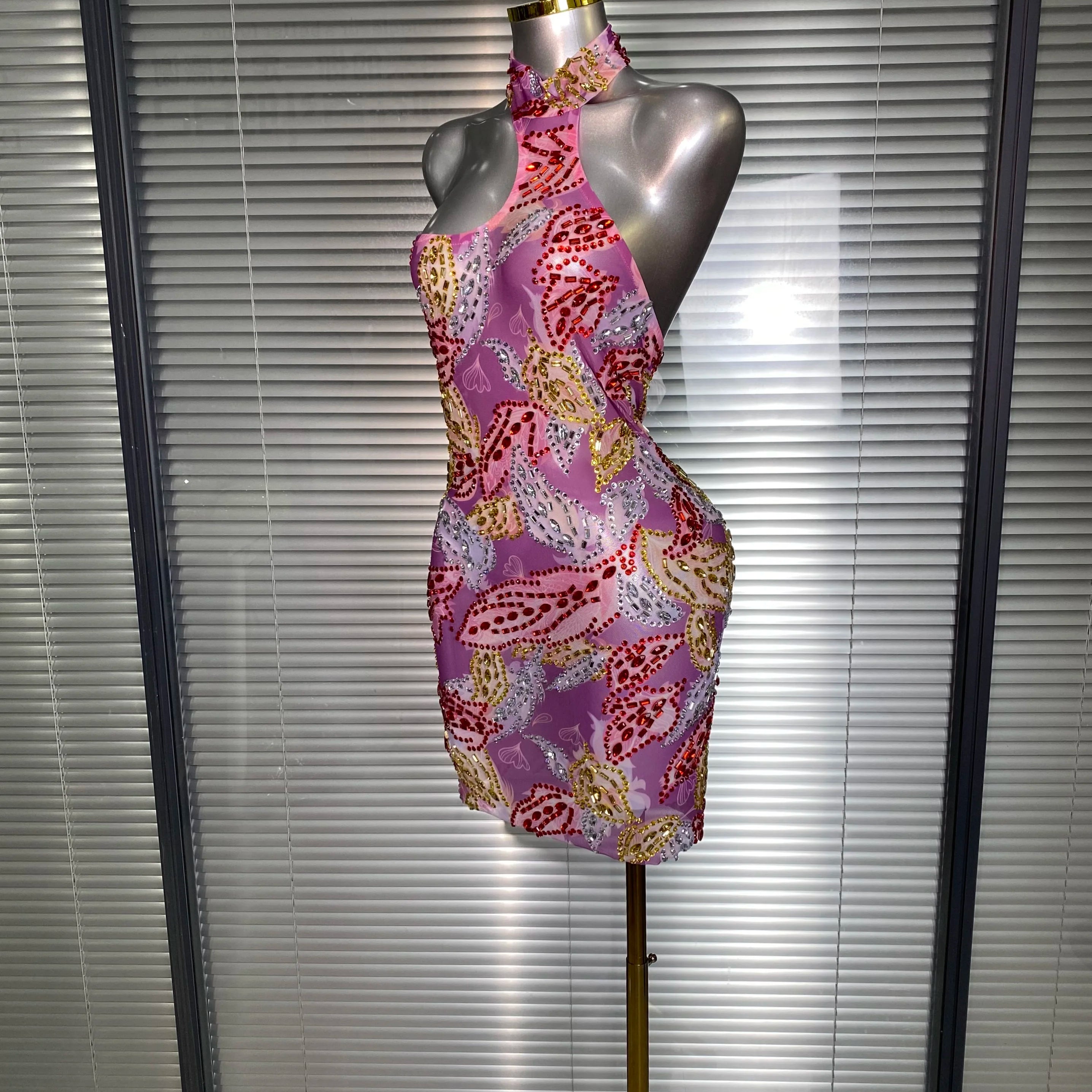 Celebrity New Women Sexy Printed Mesh Sheer Crystal Rhinestones Halter Stage Costume Stage Dancer Night Club Mini Party Dress