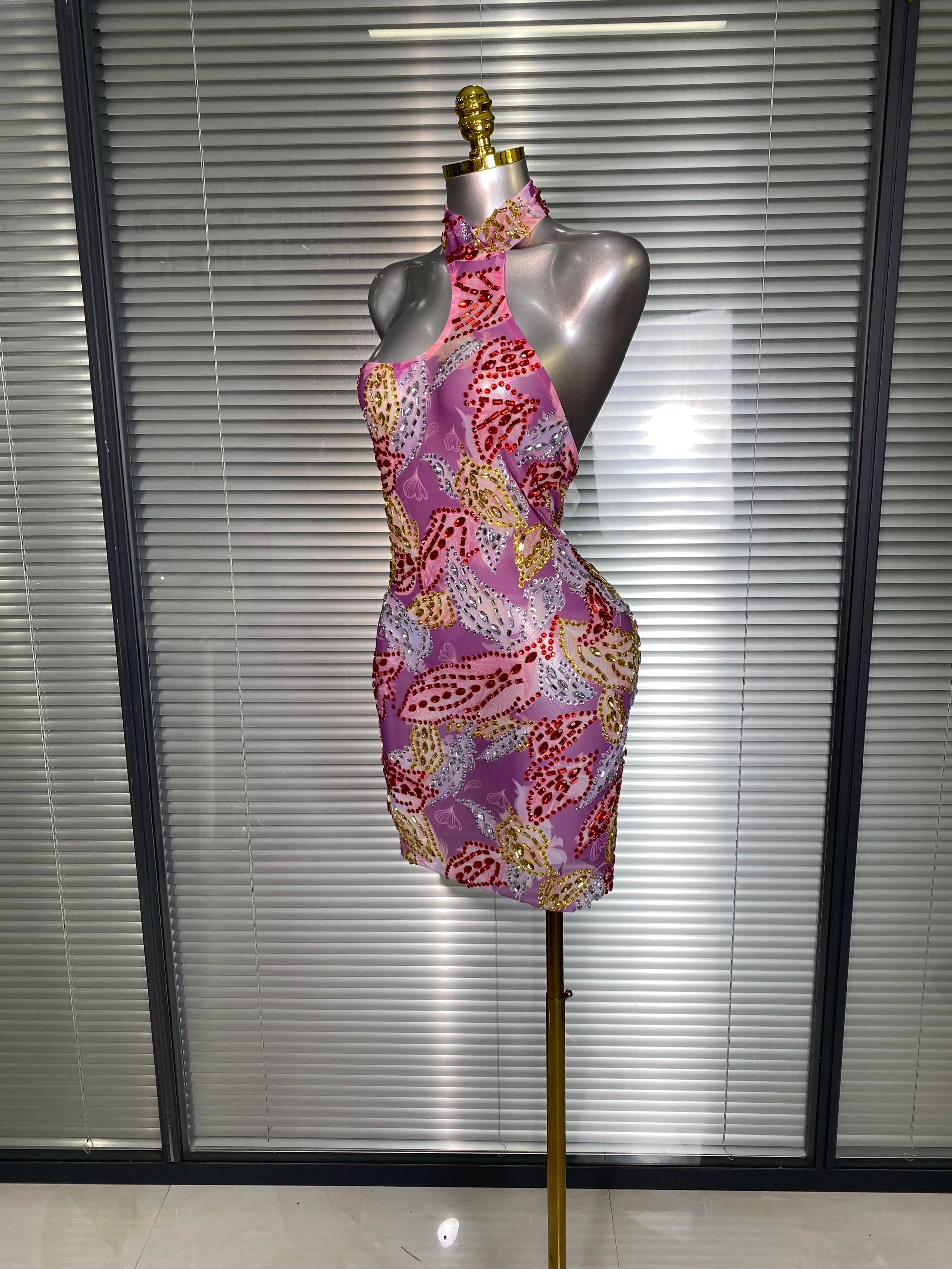 Celebrity New Women Sexy Printed Mesh Sheer Crystal Rhinestones Halter Stage Costume Stage Dancer Night Club Mini Party Dress