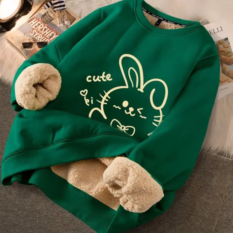 FIGOHR Cute Fleece Warm Hoodies Women Rabbit Thicken Thermal Sweatshirts Printed Loose Sweatshirts for Autumn/Winter RABBIT GREEN