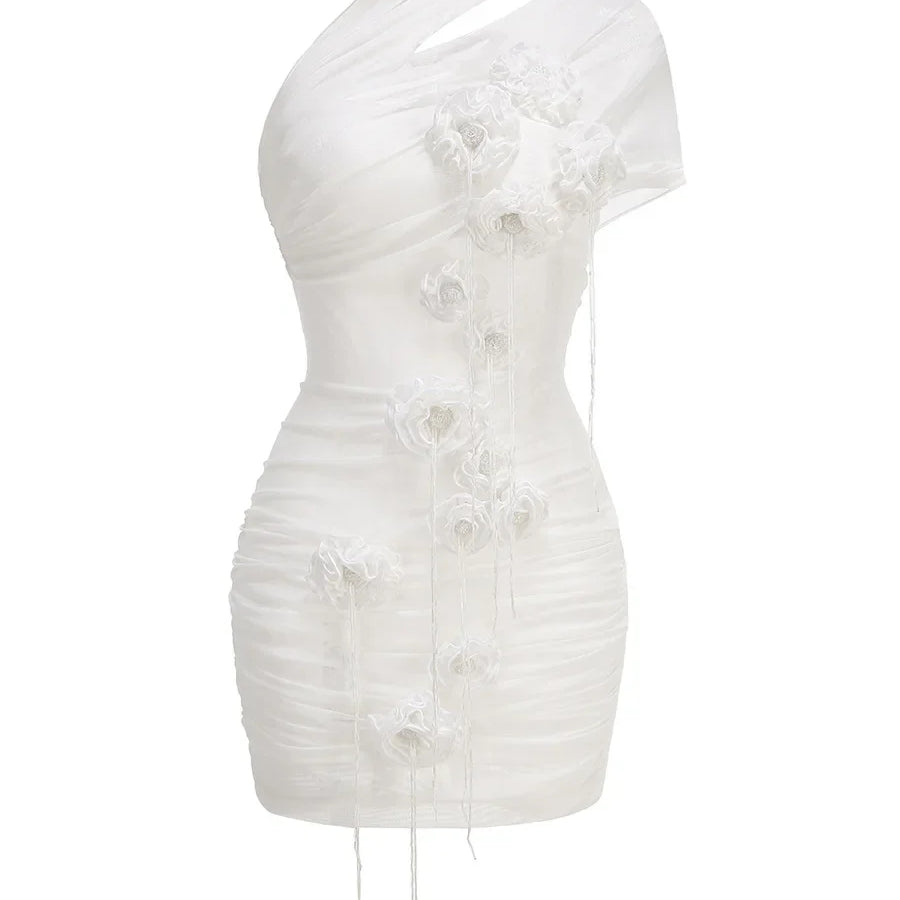 White Color Women Sexy Mesh See Through Florlas Bodycon Mini Dress Celebrate Girls'Vacation Birthday Party Cocktail Outfit