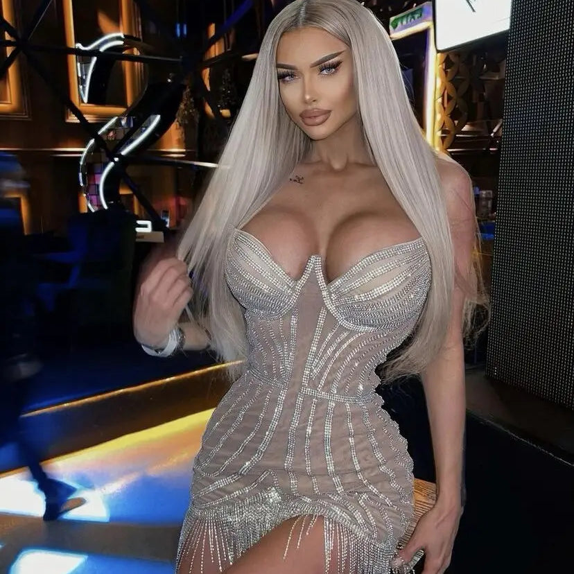 Vestido de aniversário feminino, preto, cáqui, pérolas brilhantes, borlas, sexy, para clube, sem alças, para festa à noite, celebridade, minivestido