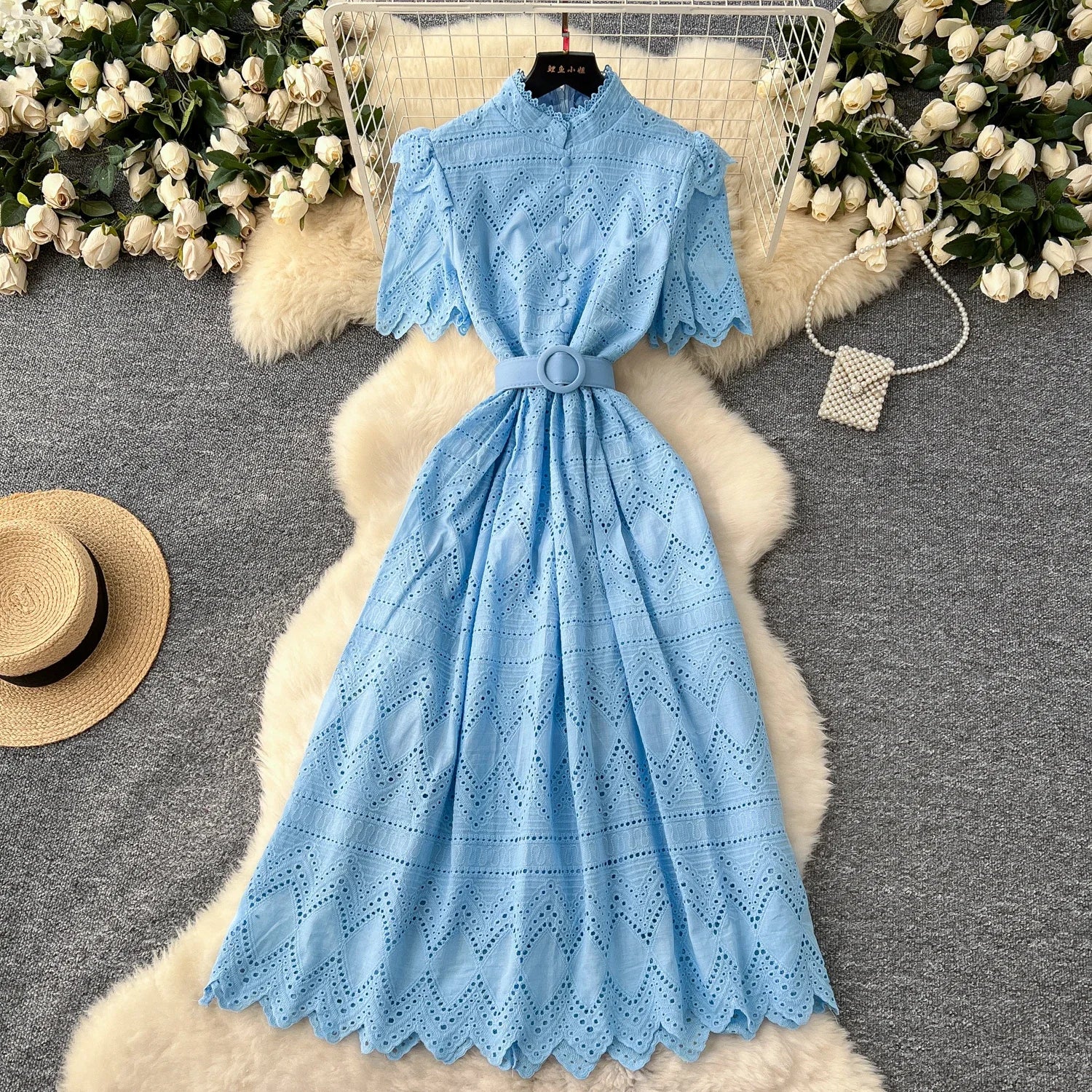 French Vintage O-neck sashes Hook flower hollow Short Sleeves Single Breasted Dress A-line Casual Women Fashion women clothing