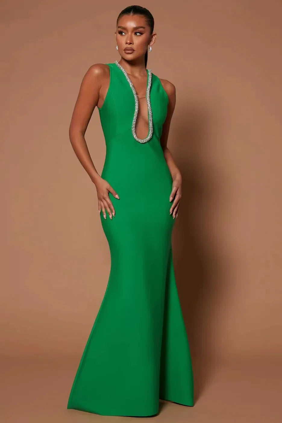Factory Wholesale Women's Multi-Color V-Neck Diamond Sexy Boutique Celebrity Cocktail Party Bandage Long Dress