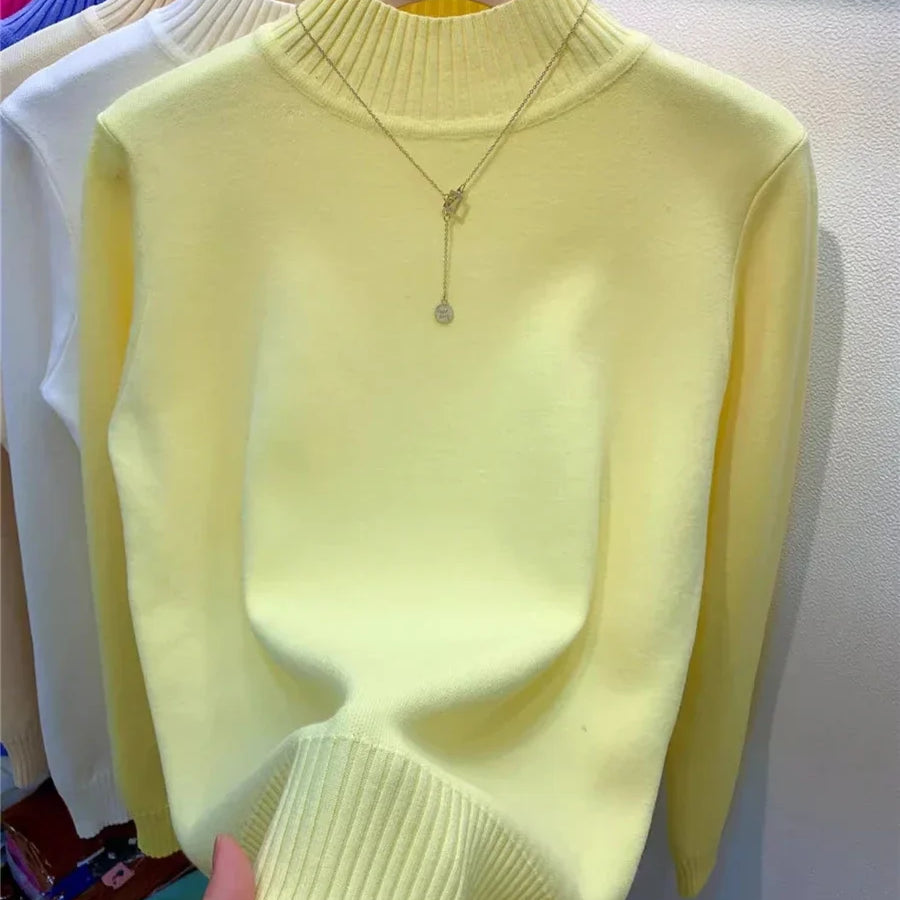 Candy Color Half Turtleneck Sweater Pullover Women Fall Winter Slim Soft Knitwear Jumper Korean Casual Warm Knit Long Sleeve Top light yellow