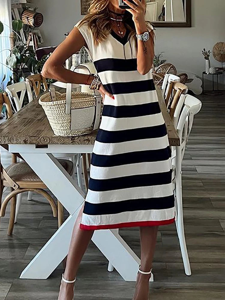Women Elegant Striped Printing Sleeveless Party Dress Office Lady V Neck Shirt Dress Casual Female Loose Mid Dress Vestidos 2023