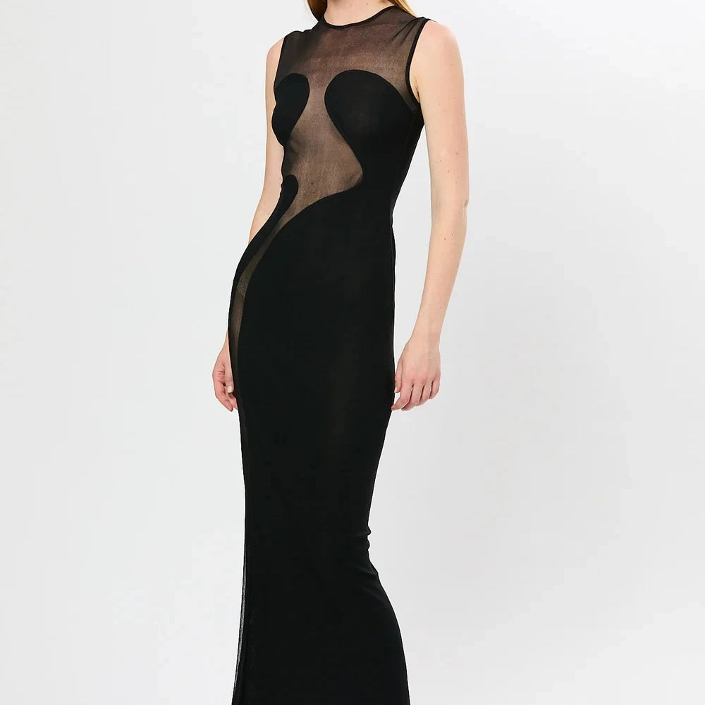 Elegant Mesh Patchwork Sleeveless Bodycon Party Club Evening Dress Sexy Bodycon Perspective Vestido 2025 Summer Clothing