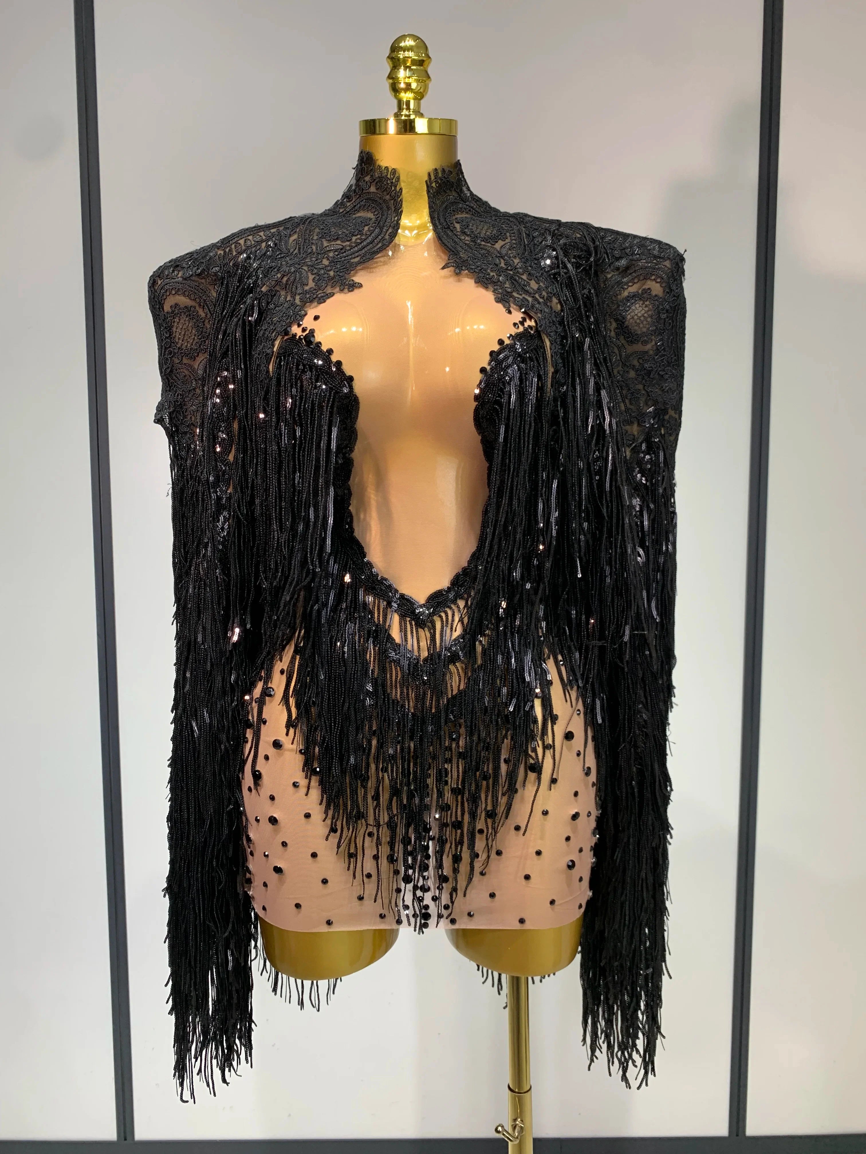 Luxury Rhinestones Tassels Mini Dress Suit Women Sexy See Through Mesh Birthday Party Club Dresses Performance Stage Outfit