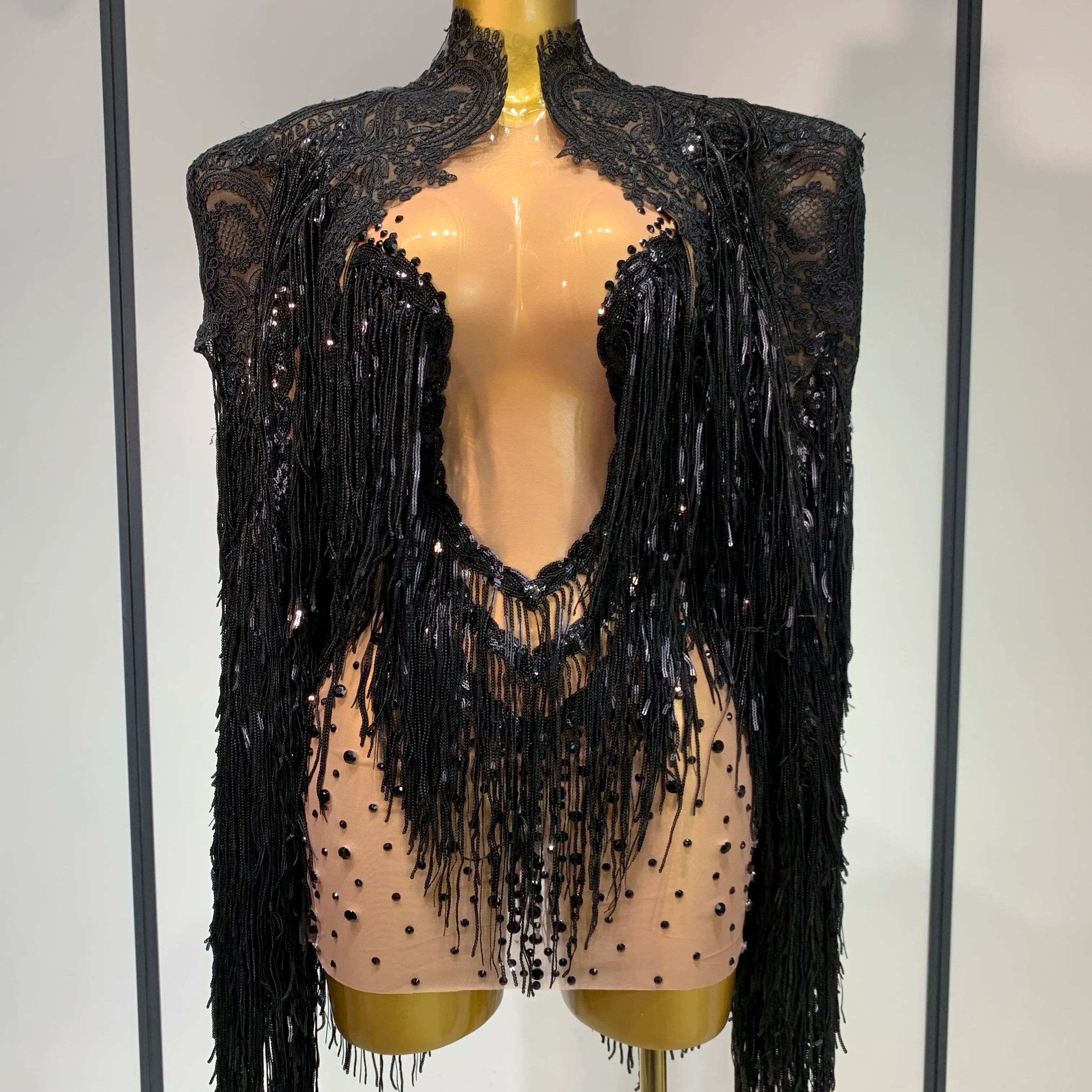 Women Sexy Transparent Long Sleeve Bodycon Dress Two Piece Set Luxury Sequin Fringes Evening Party Celebrity Performance Costume