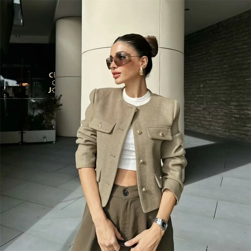 Women's Fashion and Casual Versatile Round Neck Single breasted Flap Decoration Suit Coat