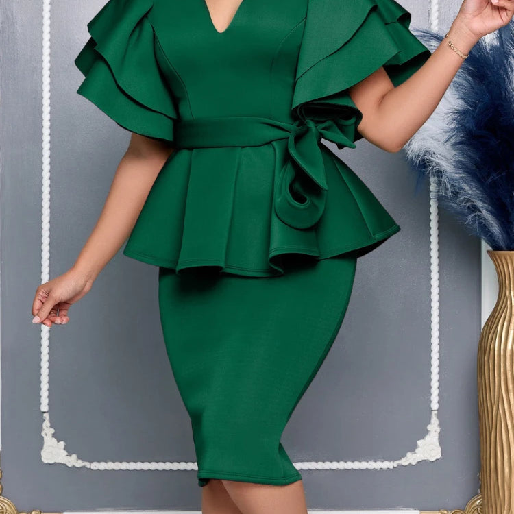 CM.YAYA Women Short Sleeve V-neck Belt High Waist Midi Dress 2025 Summer Africa OL Work Evening Sexy Party Dresses Vestidos