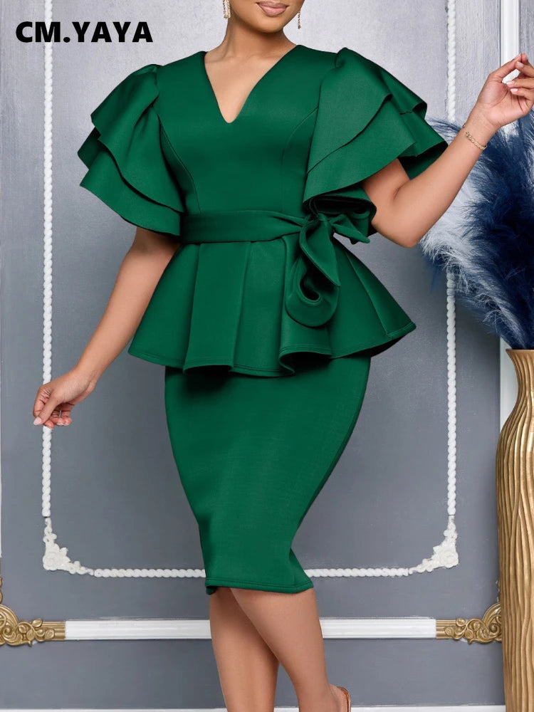 CM.YAYA Women Short Sleeve V-neck Belt High Waist Midi Dress 2025 Summer Africa OL Work Evening Sexy Party Dresses Vestidos