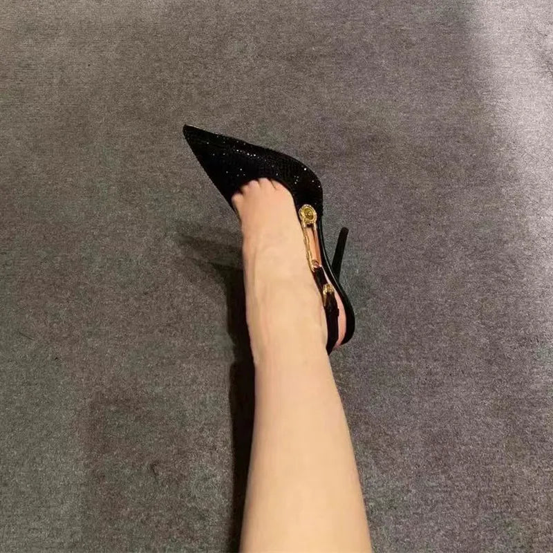 Luxury Rhinestones Sequined Buckle Women Pumps Elegant Pointed toe Slingbacks Stiletto High heels Spring Summer Fashion Shoes
