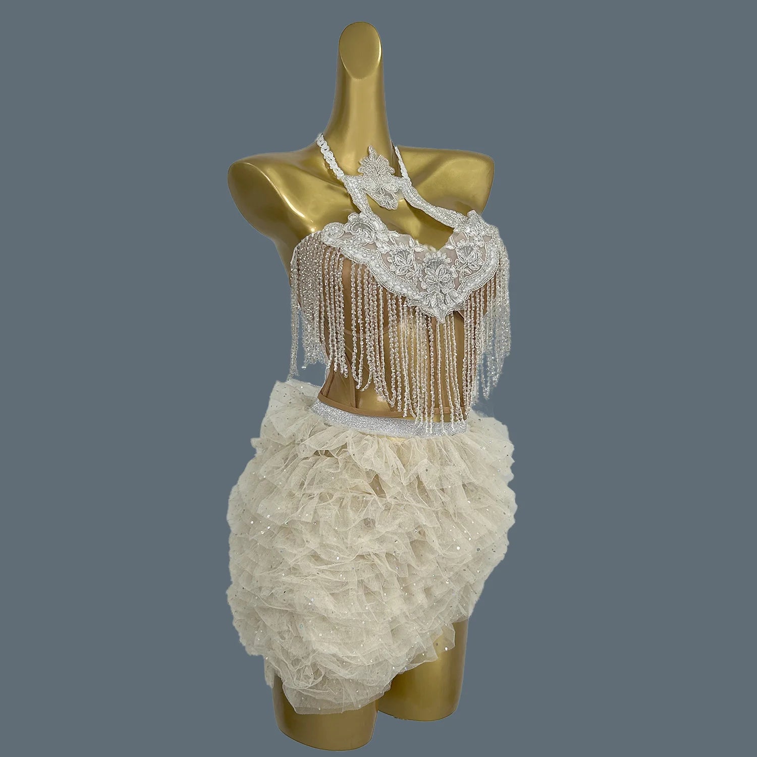 Fashion Women's 2-Pieces Stage Outfit Set Sexy Halter Asymmetric Party Celebrate Clothing Dancer Rhinestone Chain Costume Mixian