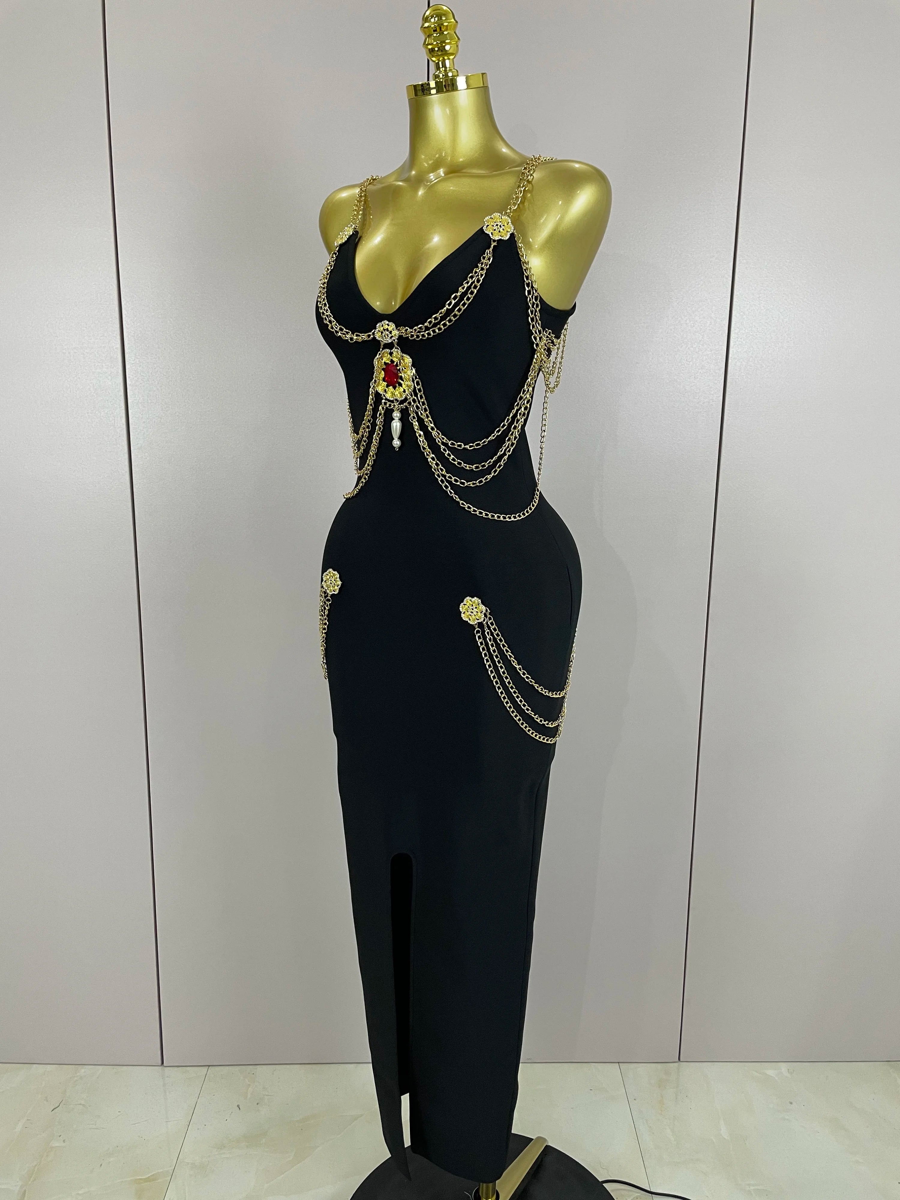 2025New High Quality New Black Chain Spaghetti Strap V-Neck Split Bandage Dress Bodycon Celebrity Club Party Long Dress Vestidos