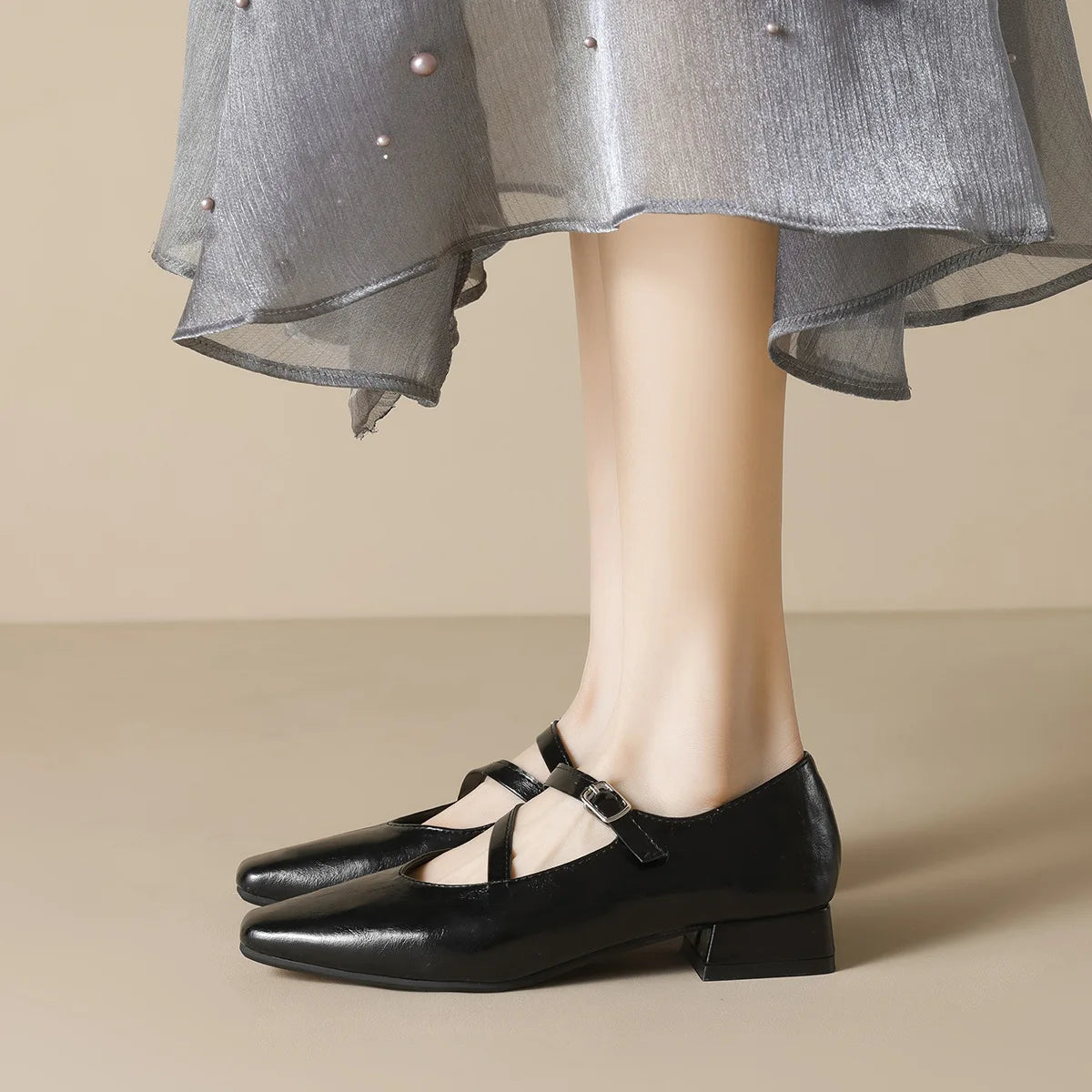 spring women's outerwear shoes Square toe design Mary Jane shoes Ladies casual high heels Work boat shoes Large sizes 41-43