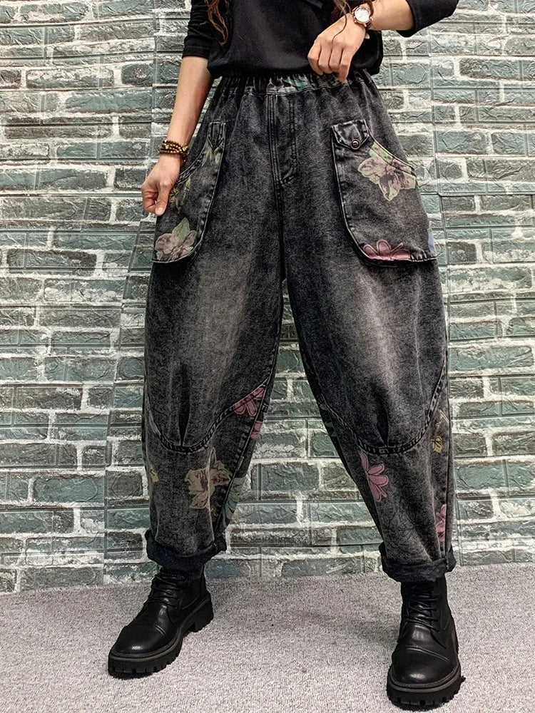 Spring Womens Fashion Jeans Ladies Loose Vintage Printed Denim Pants Females Classic Casual Floral Harem Trousers