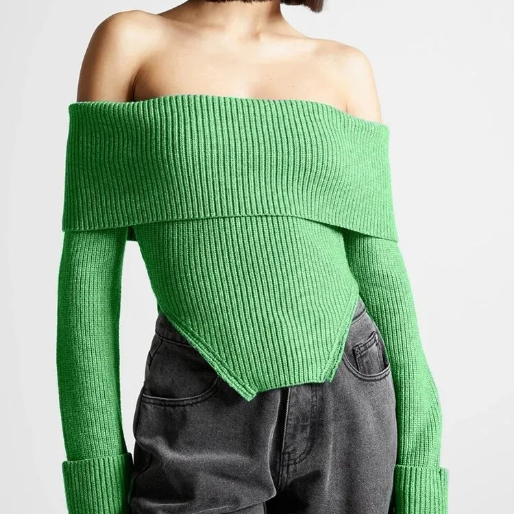 Solid Temperament Sweaters For Women Slash Neck Long Sleeve Tunic Irregular Minimalist Sweater Female Fashion Style