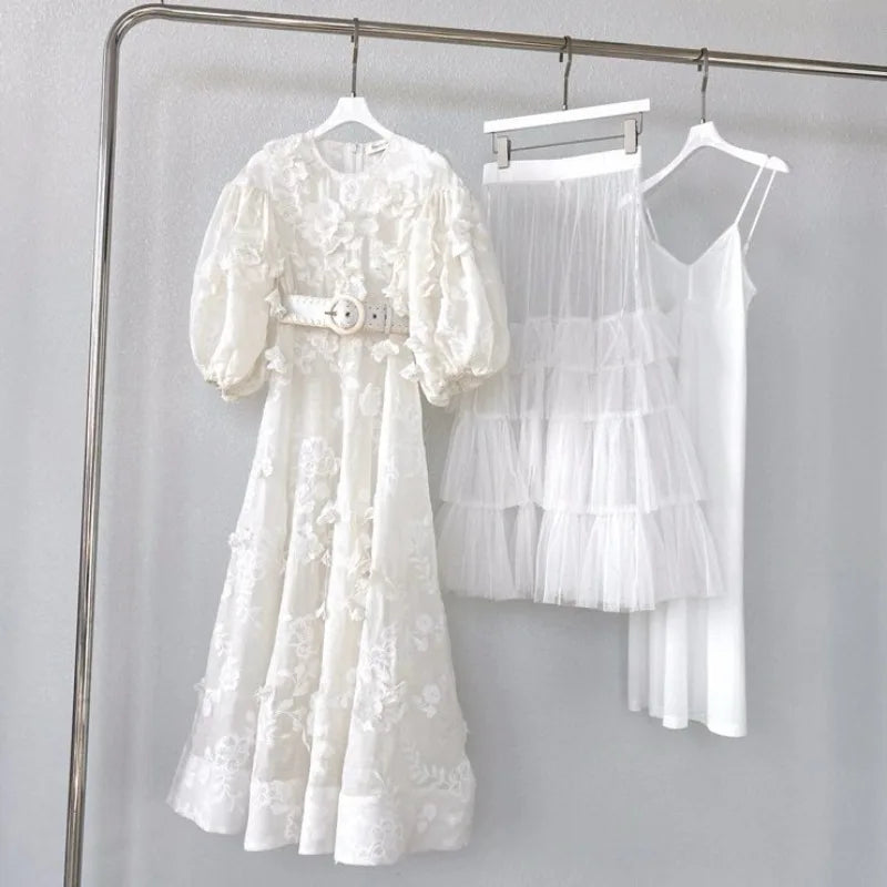 Women Dresses Party Holiday Luxury Top Qaulity 3-piece White O-neck Half Sleeve A-line Long Dress with Belt Australian Designer