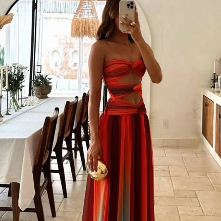 Chic Tie-dye Gradient Women's Dress Fashion Hollow Out Pleated Sling A-line Maxi Dresses New Summer Lady Holiday Beach Robe 2025