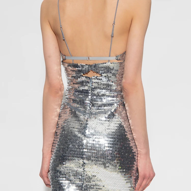 Party Dresses For Women Fashion Metal Circle Design Silver Shiny Sequins Mini Slip Sexy Cut Out Vestidos
