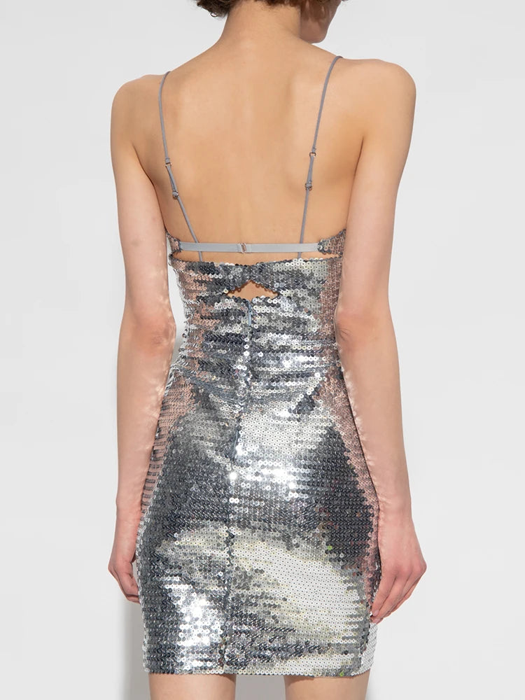 Party Dresses For Women Fashion Metal Circle Design Silver Shiny Sequins Mini Slip Sexy Cut Out Vestidos