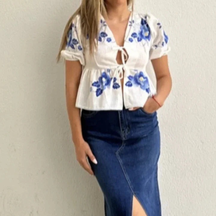 Fashion Print Bow Lace Up Women Blouses Loose V-neck Short Puff Sleeve Female Shirts Spring Summer Casual Lady Flower Tops