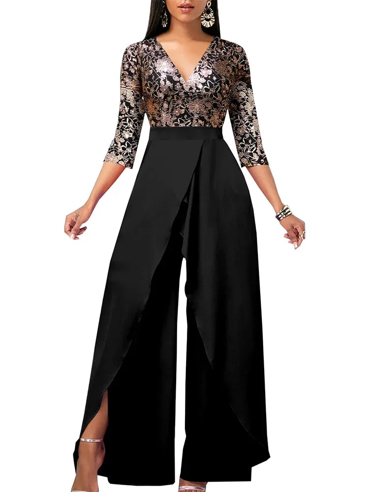 Sets Outifits 2023 Gilded Floral V-neck Loose Fitting Jumpsuit of One Fashion Casual Pieces for Women Elegant Female