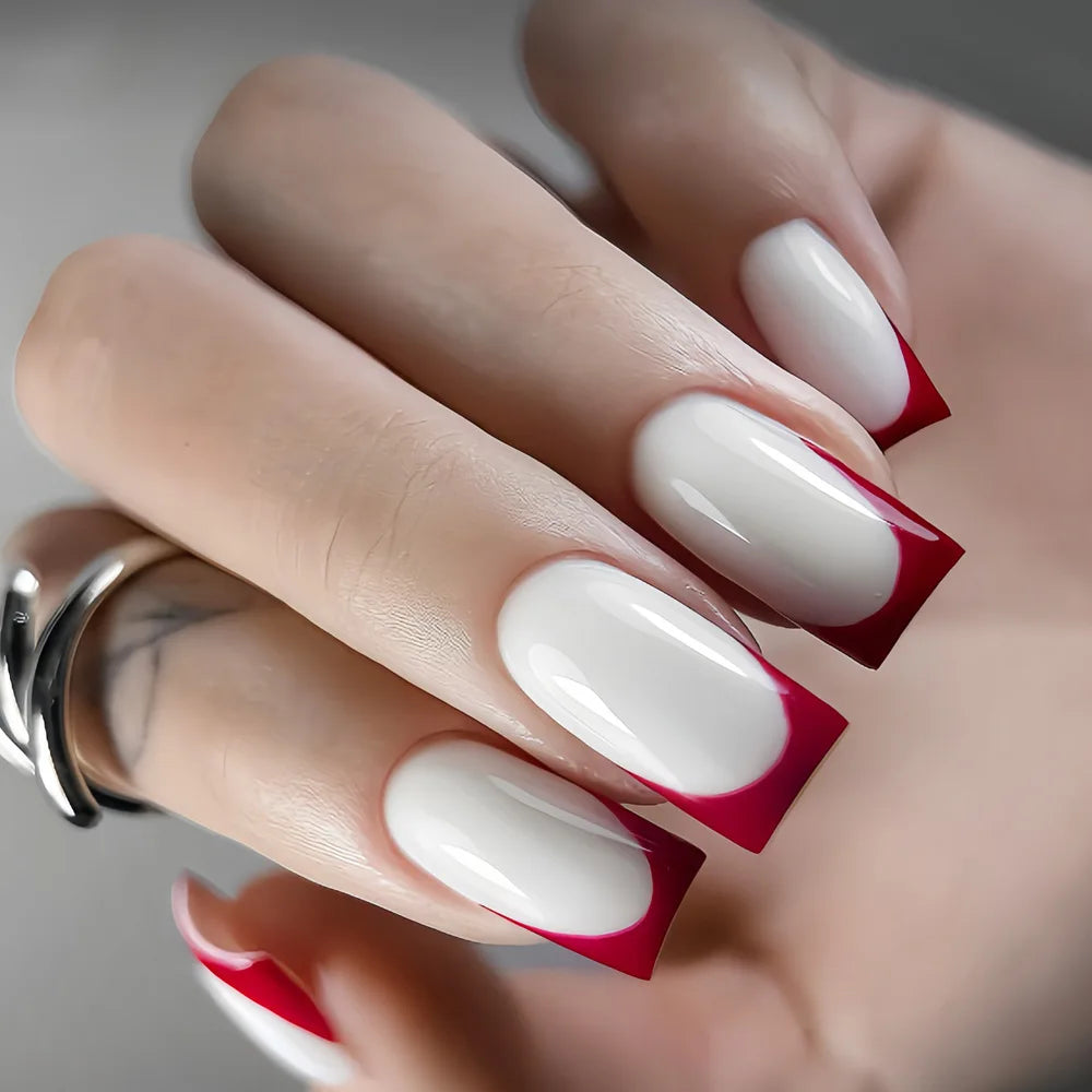 24Pcs White Fake Nails with Black/Red French Tips Medium-length Square Press On Nails Minimalist Acrylic Stick-on Nails Art