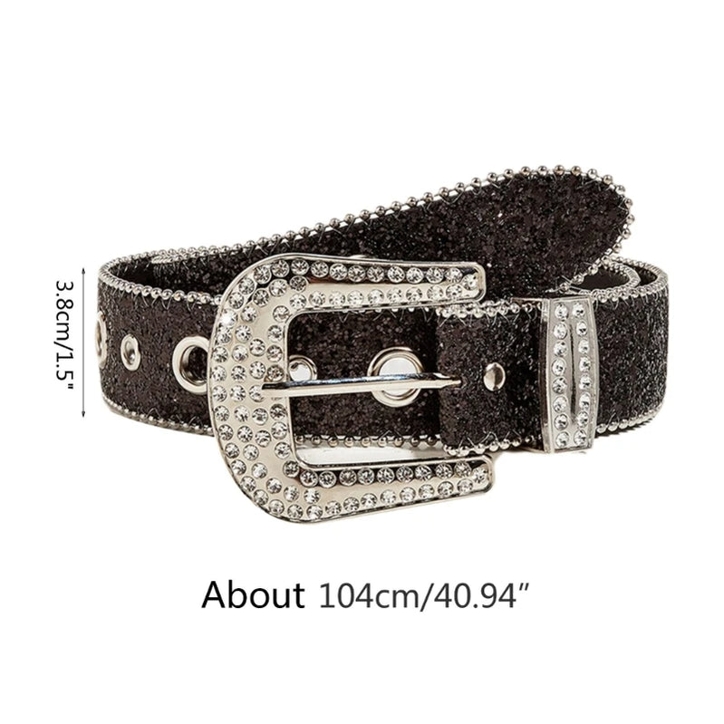 Shinning for Rhinestone Belts Women PU Leather Western Y2K Girls Belt for Jeans