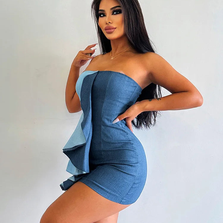 WannaThis Ruffle Faux Denim Strapless Dress Women Elegant Sleeveless Wrap Hip Mini Dresses Summer Backless Bodycon Party Dress