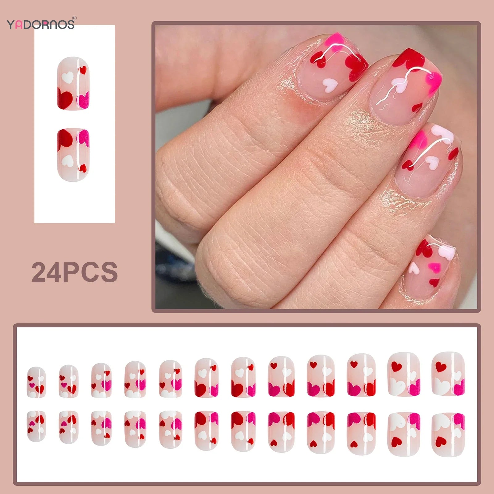 Retro Short Almond Fake Nails 24Pcs Red/White Press On Nails Love Heart/Flower/Butterfly Printed Women Valentine's Day Nails Art