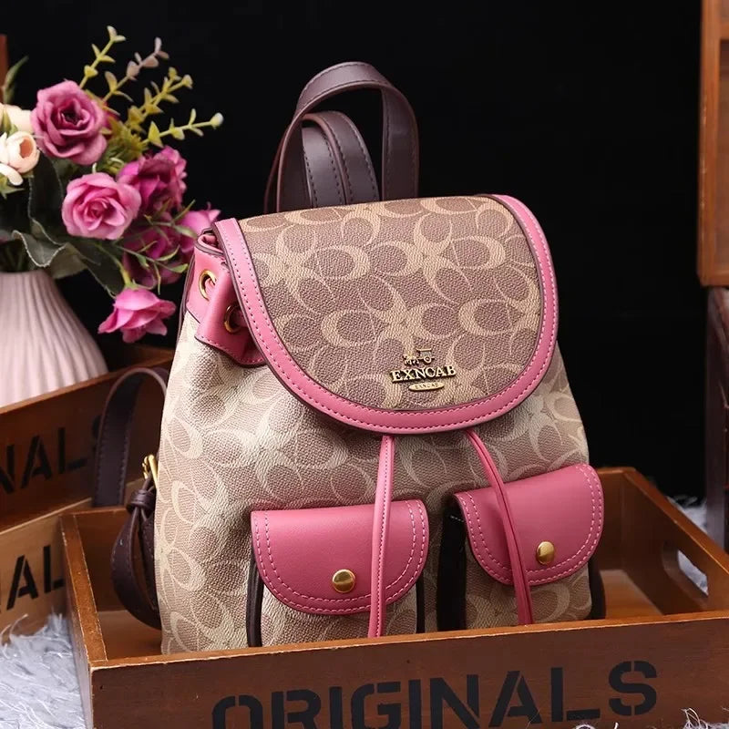 Luxury Fashion Brand Classic Pop Flip Drawstring Backpack with High-quality Vintage Contrast Color Casual Versatile Backpack Pink