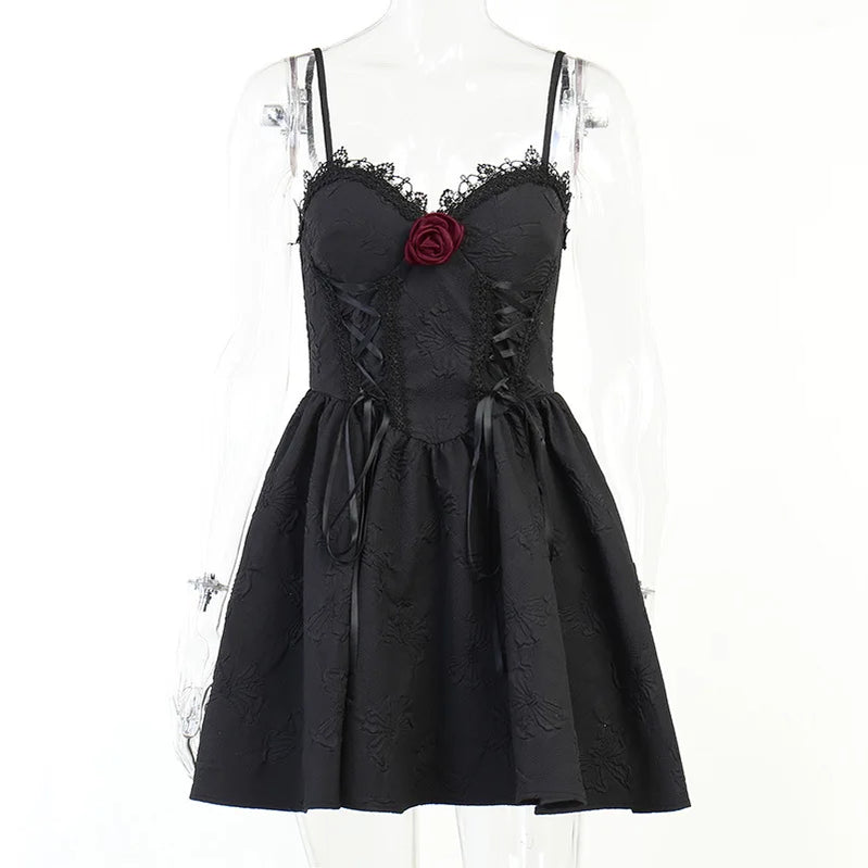 Goth Dark Tie Up Mall Gothic Elegant Women Dresses Grunge Aesthetic Jacquard A-Line Dress Emo Lace Trim Black Party Alt Clothes