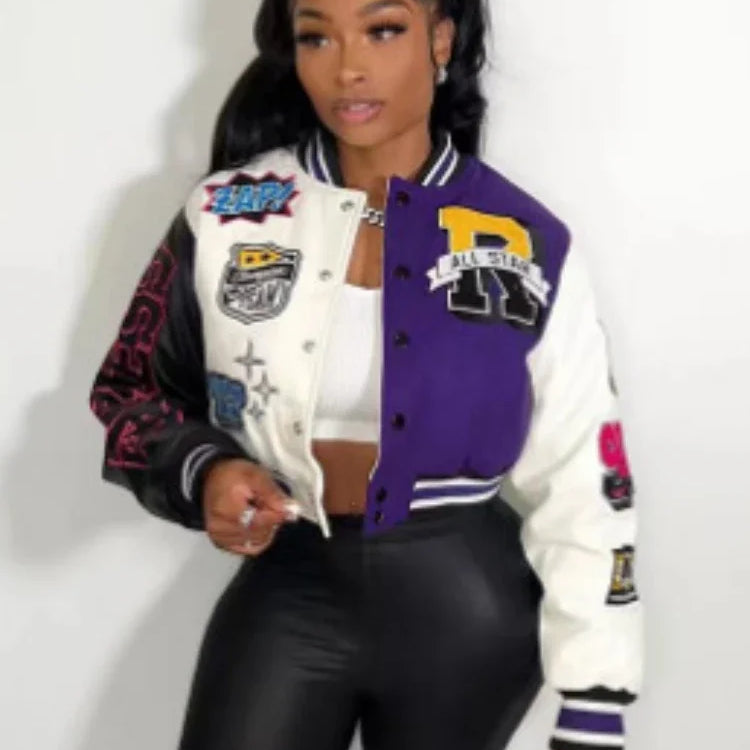 Women Overcoat Casual Letter Print Patchwork Baseball Uniform Jacket Round Neck Button Fall Coat Autumn Winter Short Jacket Purple