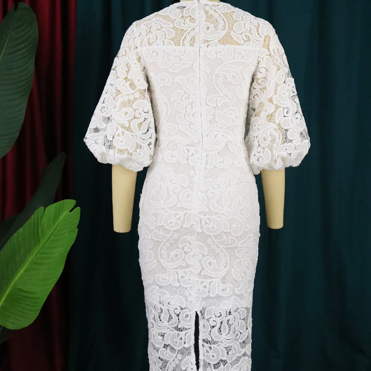 Plus Size Evening Dresses 4XL O Neck Lace Lantern Sleeve Hollow Out Patchwork White Pink Gowns for Ladies Event Cocktail Outfits