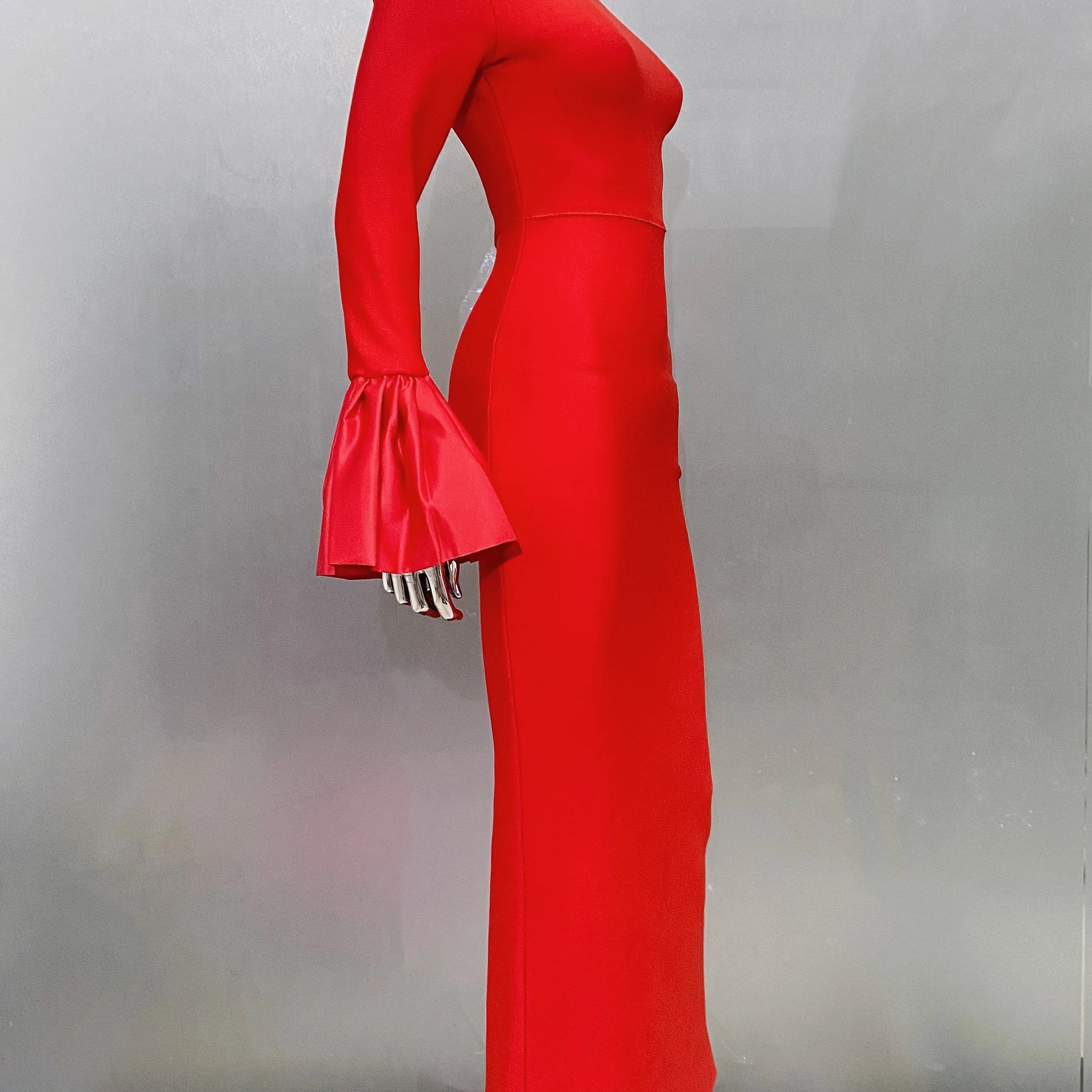 Red Color Women Flare Sleeve Shinning Crystal Necklace Bodycon Bandage Long Dress Elegant Evening Party Celebrate Dress