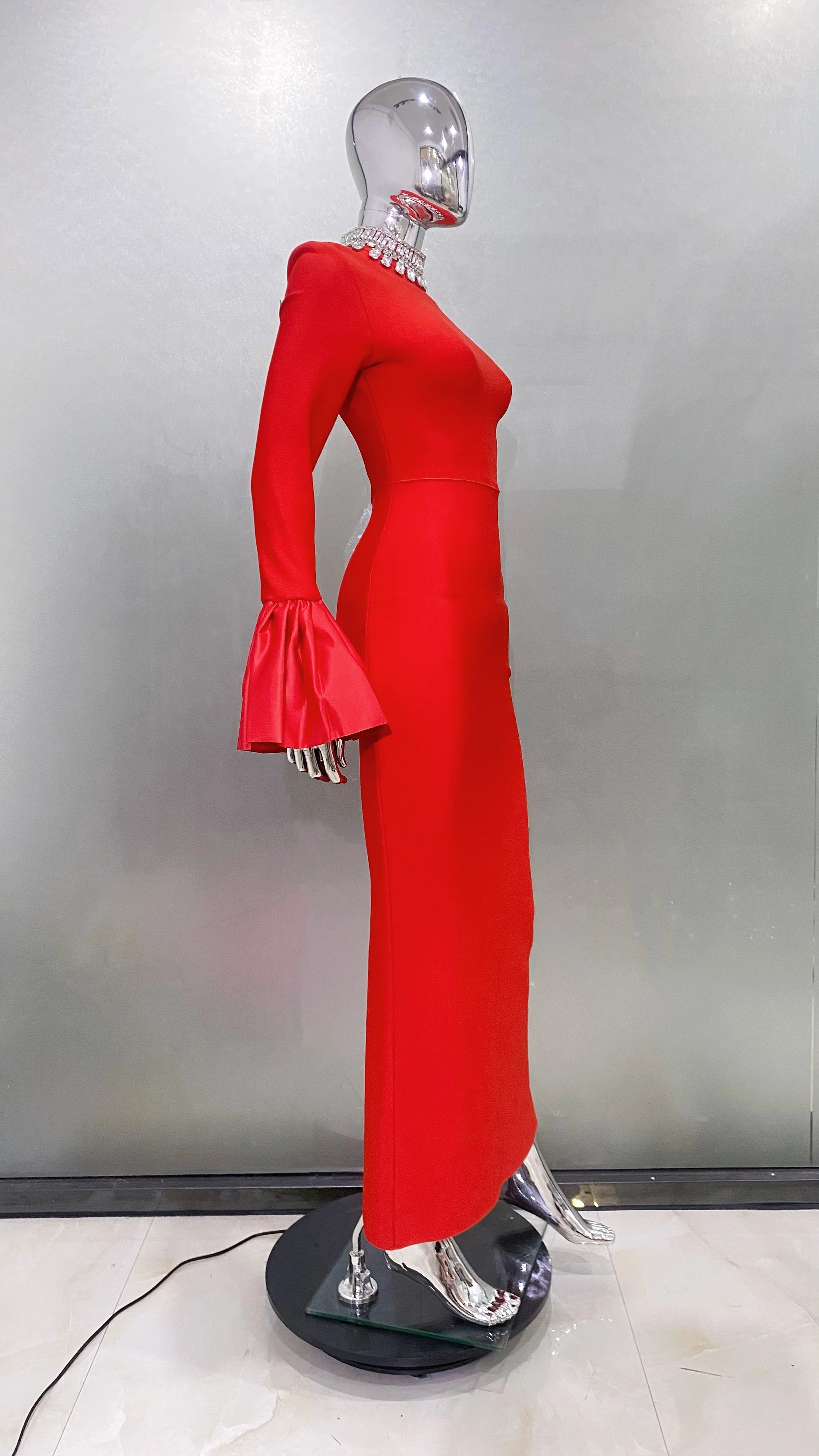 Red Color Women Flare Sleeve Shinning Crystal Necklace Bodycon Bandage Long Dress Elegant Evening Party Celebrate Dress