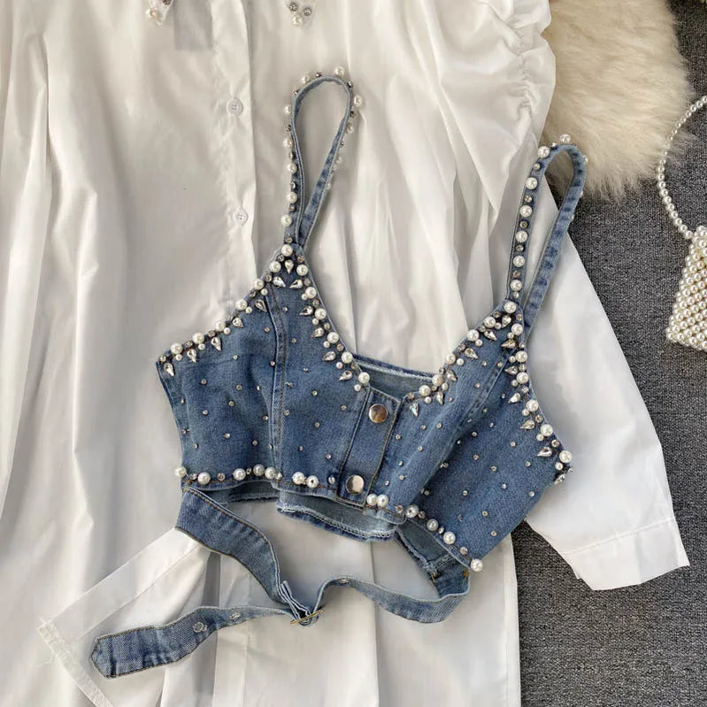 High-End White Shirt Dress Female Lapel Diamond Pearl Luxury Shirt Short Denim Vest Chic Two Piece Sets Female Fashion