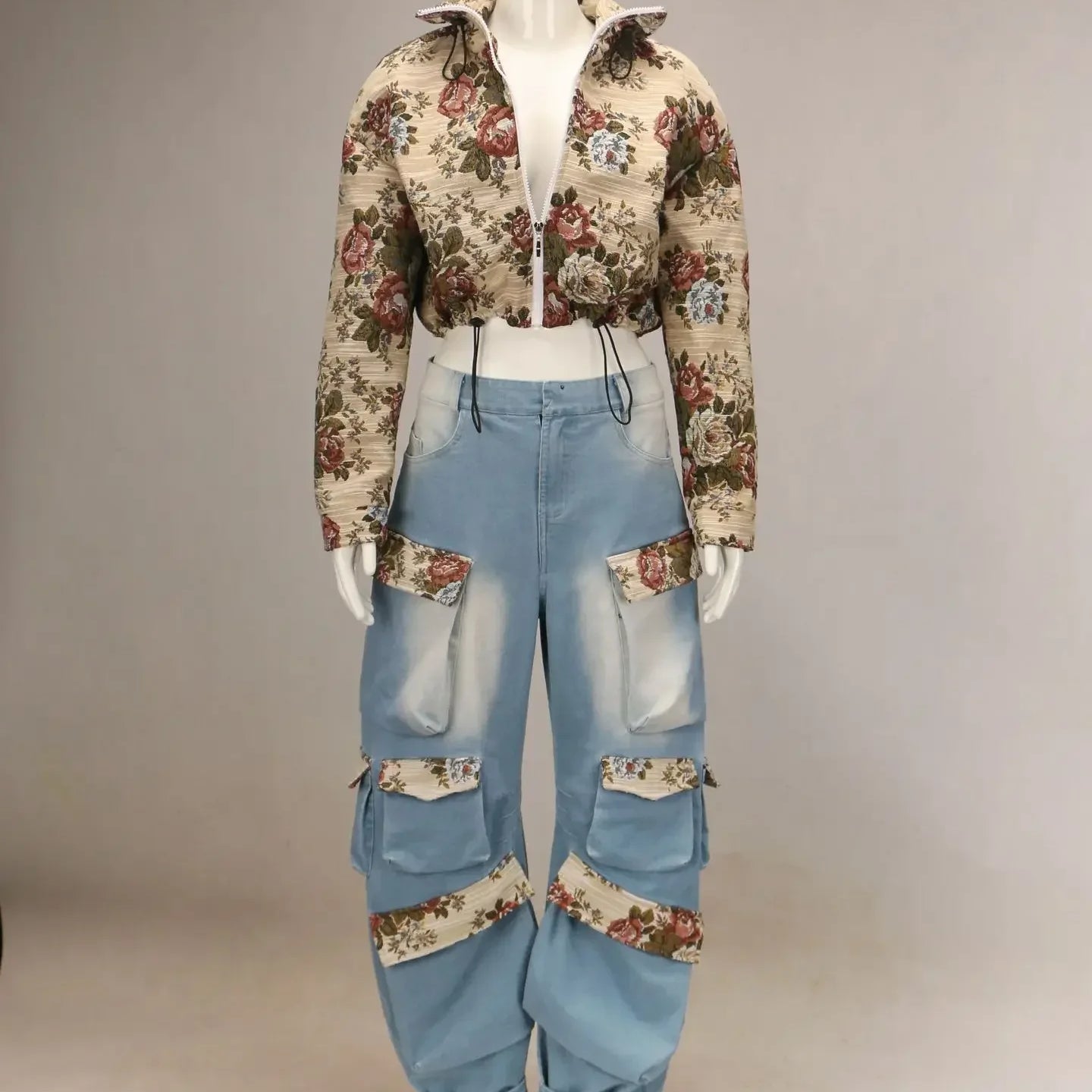 CM.YAYA Washed Denim Women's Set Full Sleeve Floral Jacket and Pockets Cargo Jeans Pants Suit 2024 Street Two 2 Piece Set Outfit