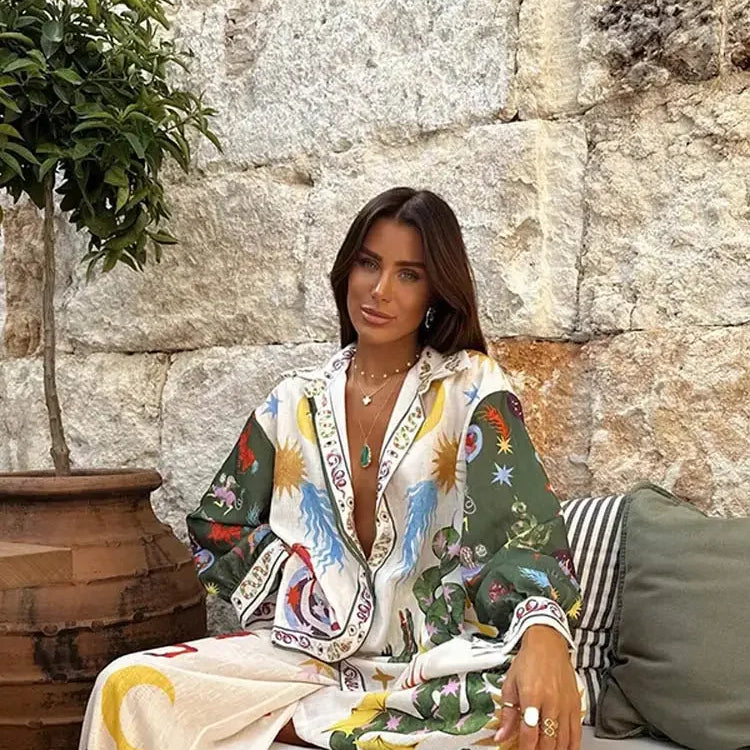 Stylish Printed Trousers 2 Piece Set Women's Casual Lapel Single Breasted Shirt Wide Leg Pant Sets Women Pomesia Vacation Suit Set