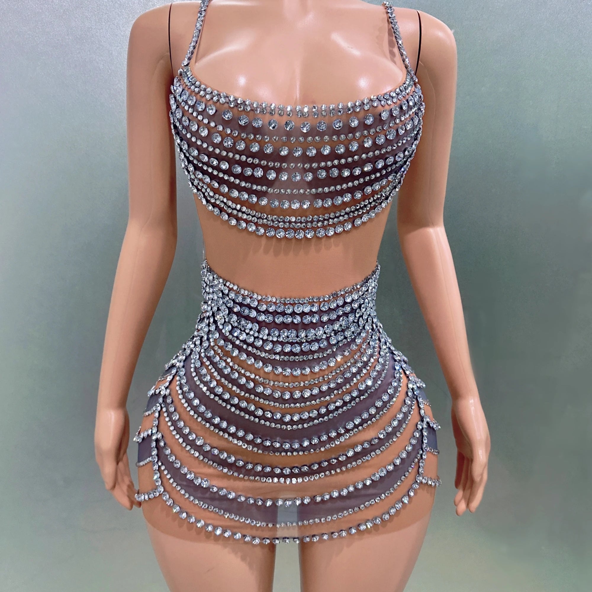 STOCK Women Sleeveless Sexy O-Neck Bodycon Mini Mesh Crystal Dress Celebrate Nightclub Party Bar Singer Performance Costume