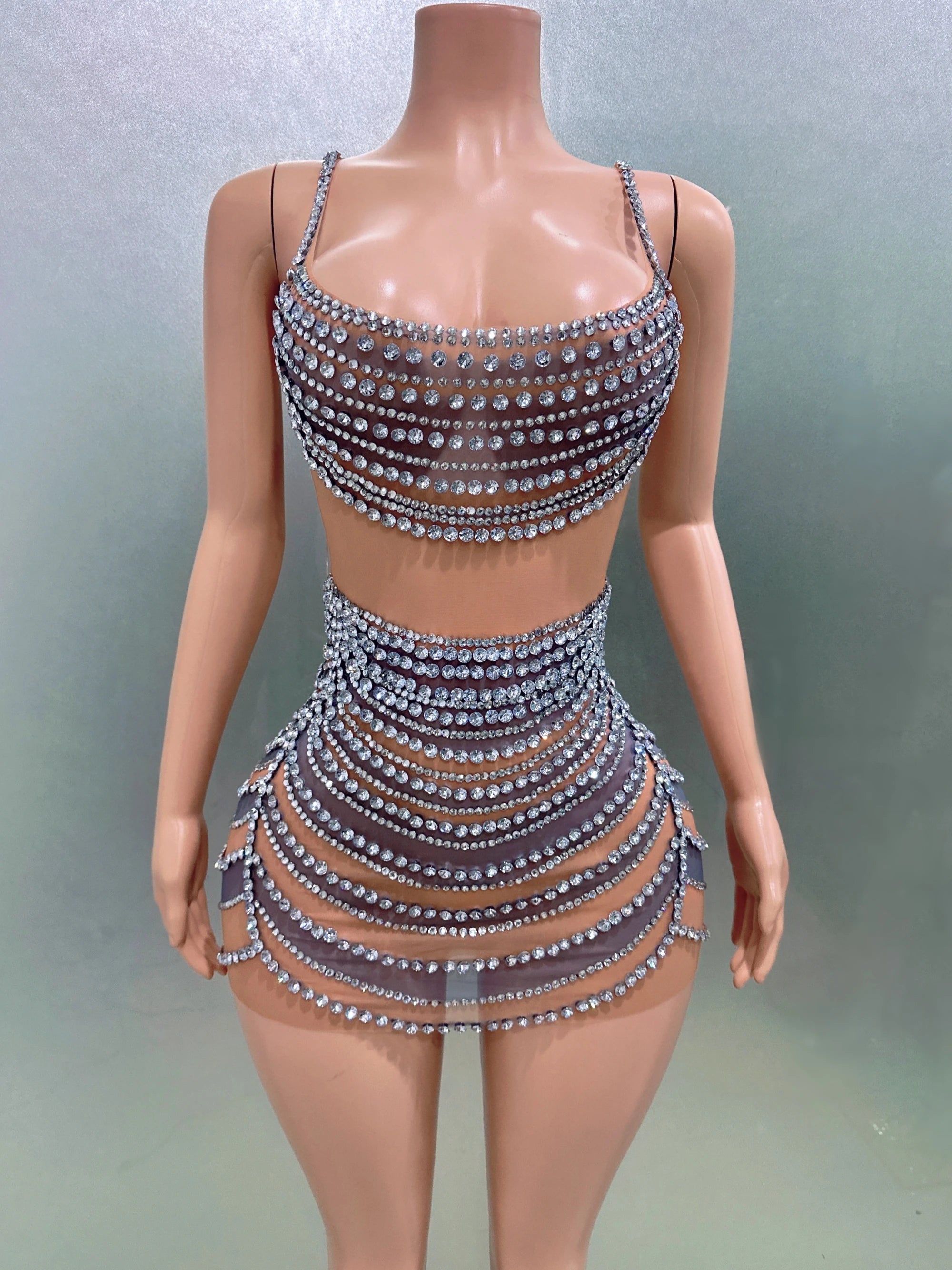 STOCK Women Sleeveless Sexy O-Neck Bodycon Mini Mesh Crystal Dress Celebrate Nightclub Party Bar Singer Performance Costume