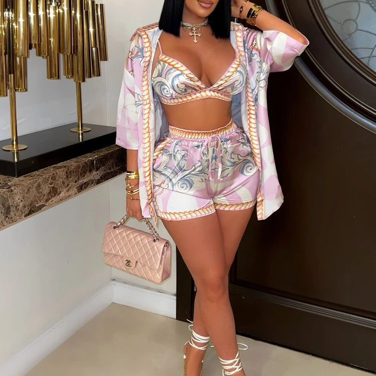 CM.YAYA Paisley Printed Women's Set Three Quarter Sleeve Blouse + Bra Top and Shorts 2025 Beach 3- Piece Sets Outfit Tracksuits