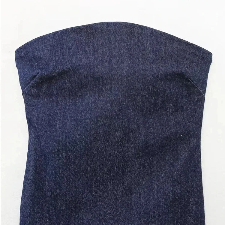 Nlzgmsj TRAF Sexy Strapless Backless Zipper Split Dress Party Blue Denim Female Long Dress for Women Summer Evening Dresses