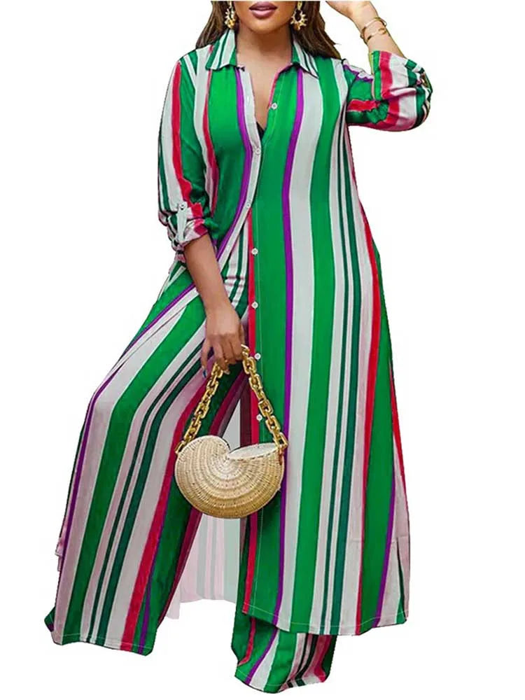 2 Piece Outfit Set Women Plus Size Matching Sets Long Shirt Top and Pants Sets Striped Casual Outfits 5xl Women Autumn Clothes