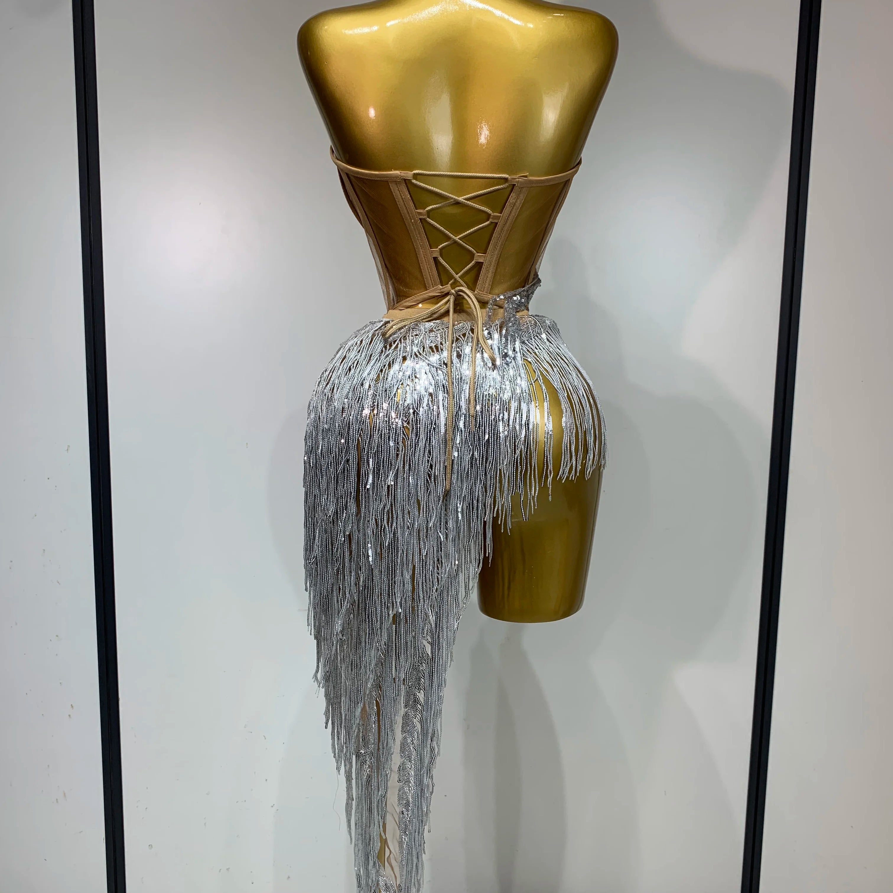 Women Sexy Singer Dancer Performan Costume Nightclub Bar Girl Sparkly Diamond Tassel Two Piece Set Evening Party Outfit