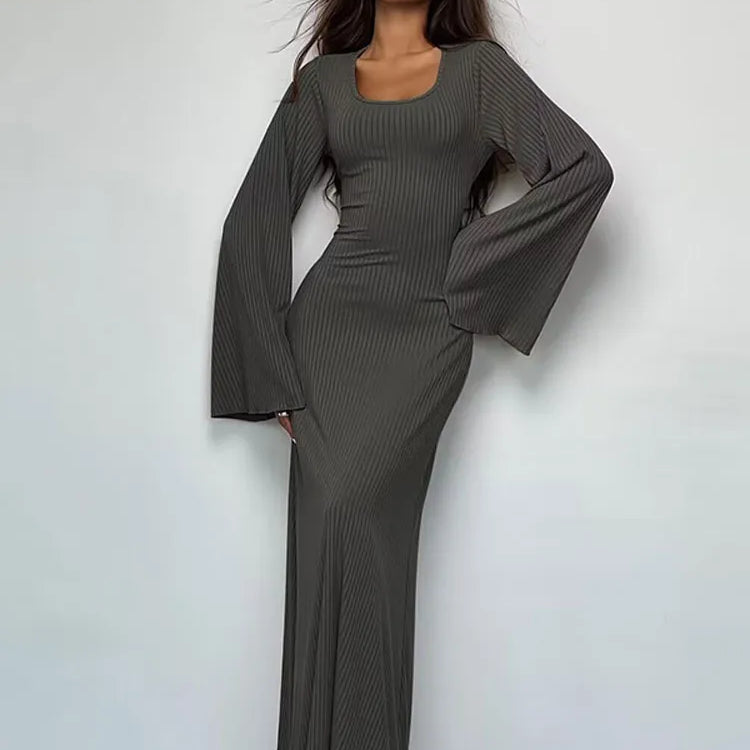 Solid Ribbed Trumpet Sleeves Maxi Dress Back Lace-Up Straps Elegant Casual 2023 Autumn Winter For Women Birthday