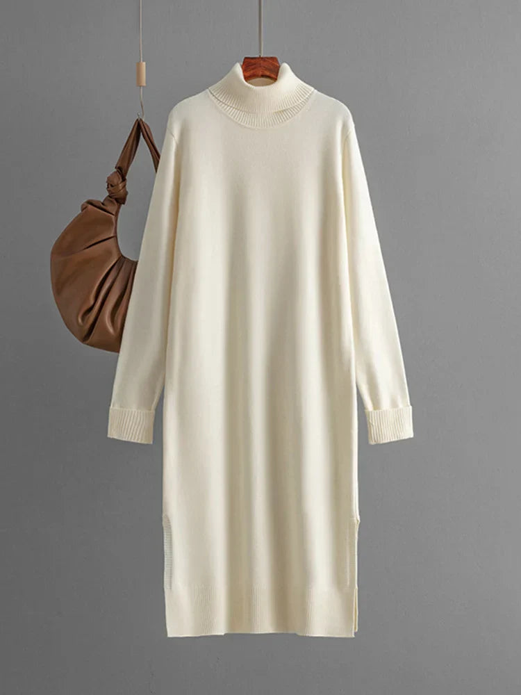 Streamgirl Autumn Turtleneck Slit Dresses For Women Winter Solid Casual Straight Basic Knitted Sweaters Dress Women Elegant Apricot One Size