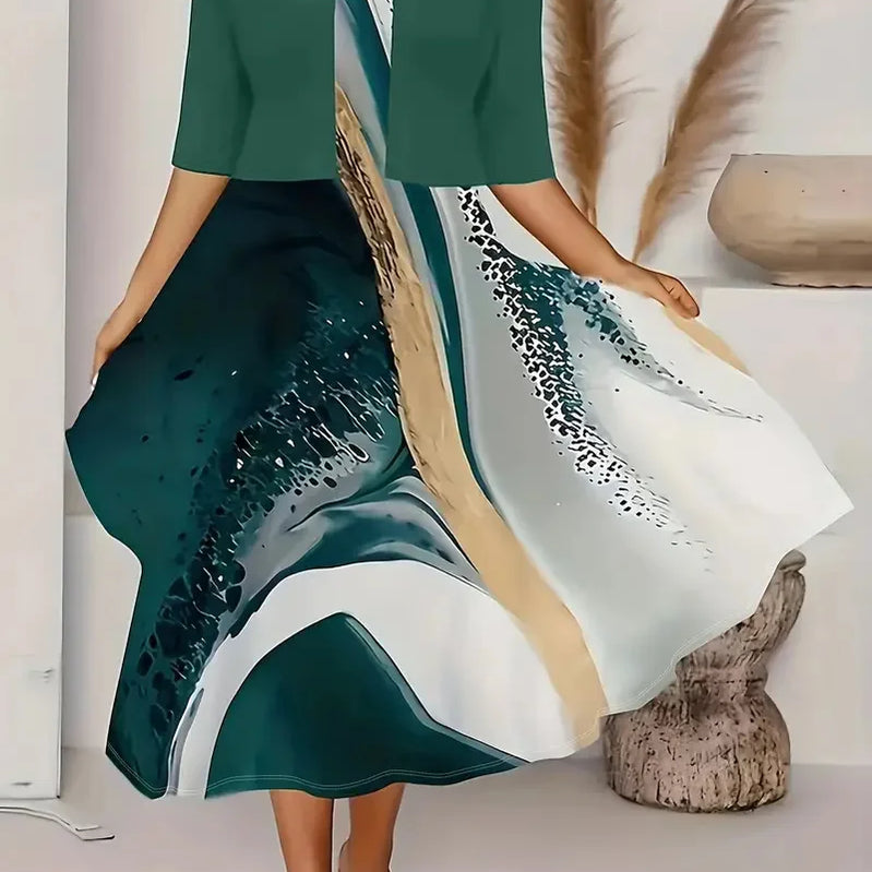 Été 2024 ! Ensemble 2 robes longues pour femme, couleurs EU-US : robe ras du cou à imprimé floral et herbe et manteau court en mousseline.