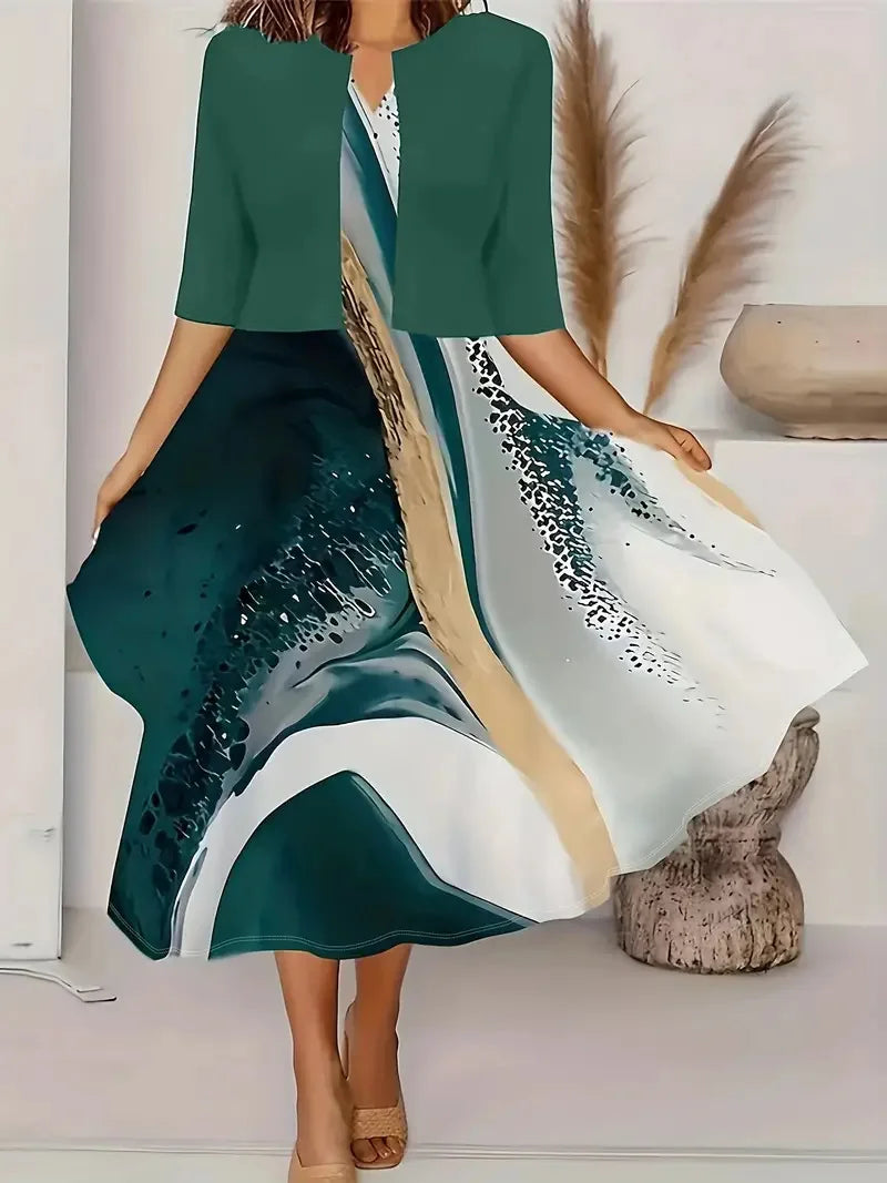 Été 2024 ! Ensemble 2 robes longues pour femme, couleurs EU-US : robe ras du cou à imprimé floral et herbe et manteau court en mousseline.